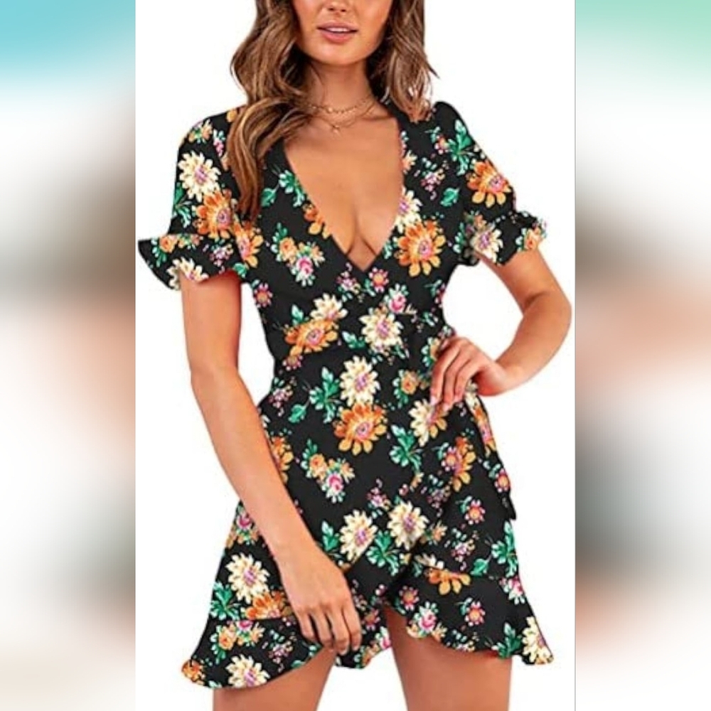 Amazon Women's Size Small Floral Wrap Mini Dress Short Sleeves VNeck Side Tie